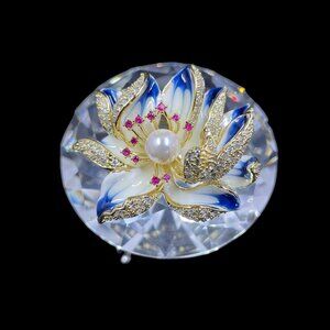 Lotus‎ Flower Enamel Brooch Gold Tone Pearl Rhinestone Vintage Inspired Glam
